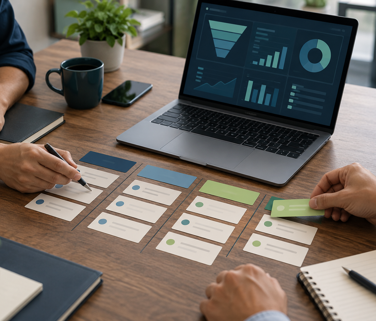 Equipe organiza cartões de oportunidades ao lado de notebook com painel de indicadores comerciais