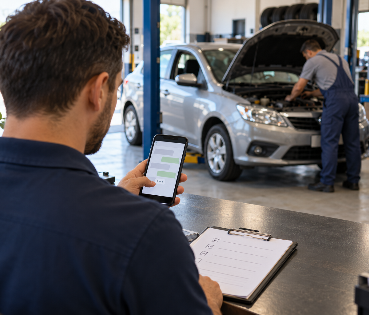 Atendente consulta mensagens no celular enquanto um mecânico inspeciona um carro ao fundo da oficina