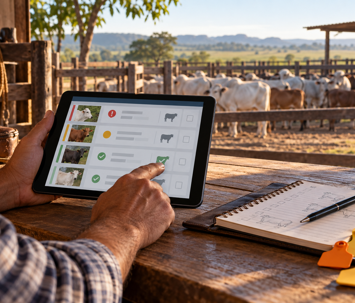 Gestor rural confere no tablet uma fila de alertas por prioridade diante de um curral com bovinos
