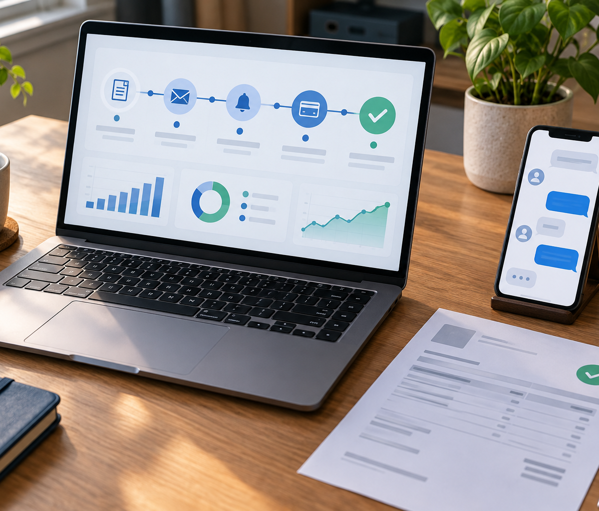Notebook com painel financeiro, celular com mensagens e fatura sobre uma mesa de escritório iluminada