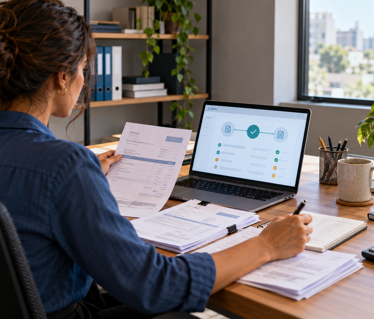 Gestora financeira vista de costas confere faturas ao lado de um notebook com um fluxo visual de aprovação