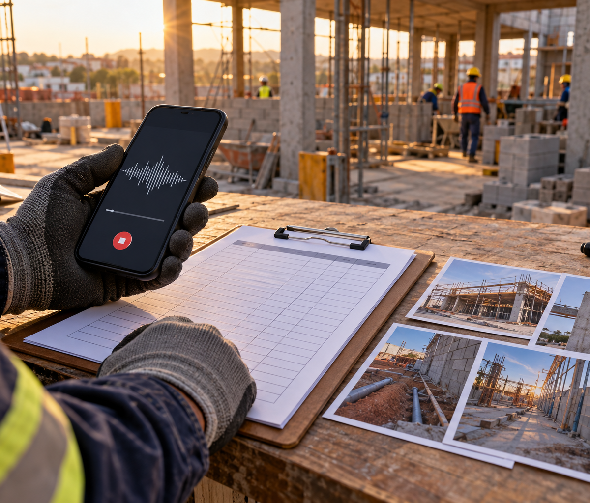 Mãos com luvas seguram um celular com uma onda de áudio ao lado de prancheta e fotos em um canteiro de obras