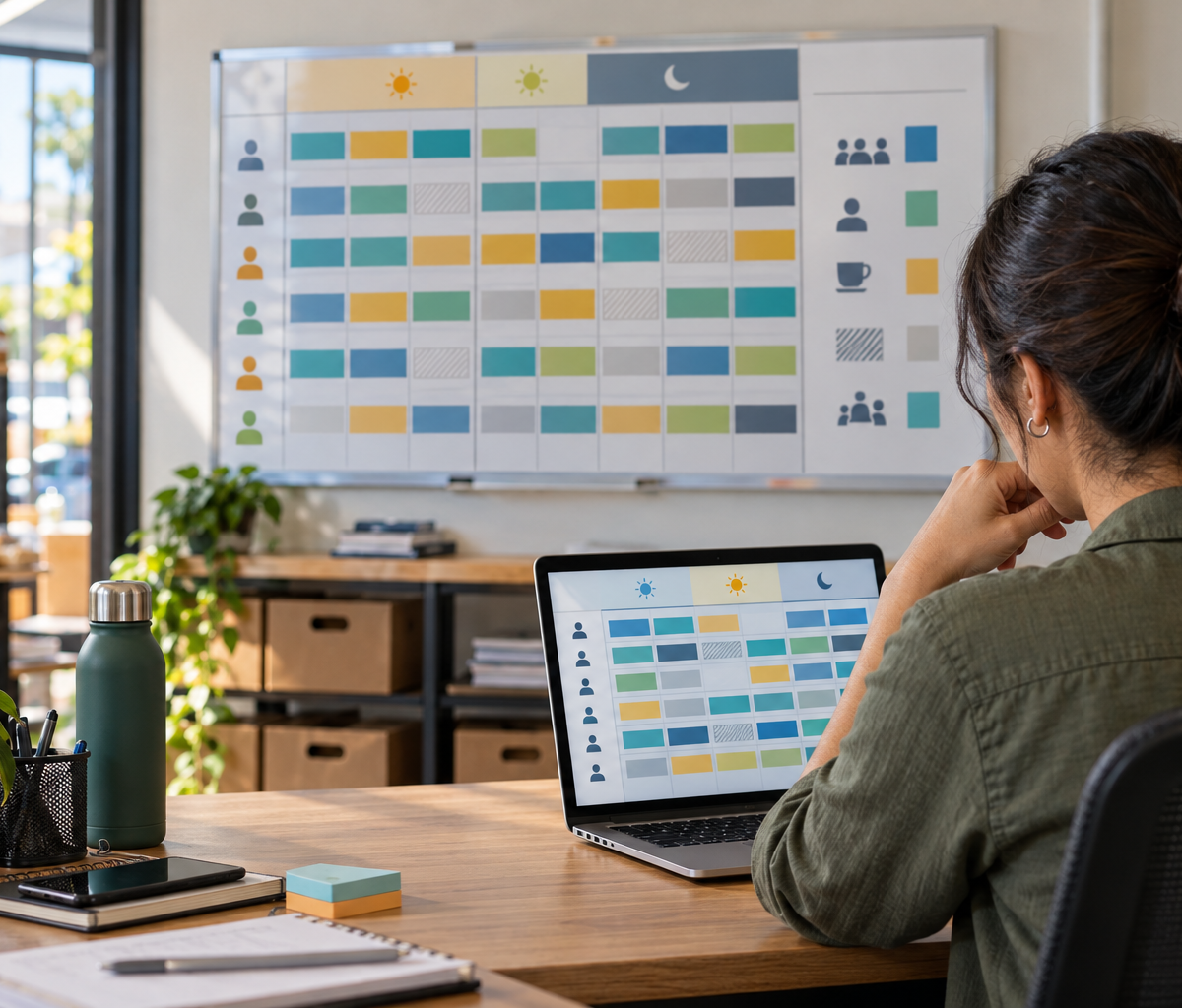 Gestora observa no notebook e em um quadro uma escala semanal representada por blocos coloridos de turnos