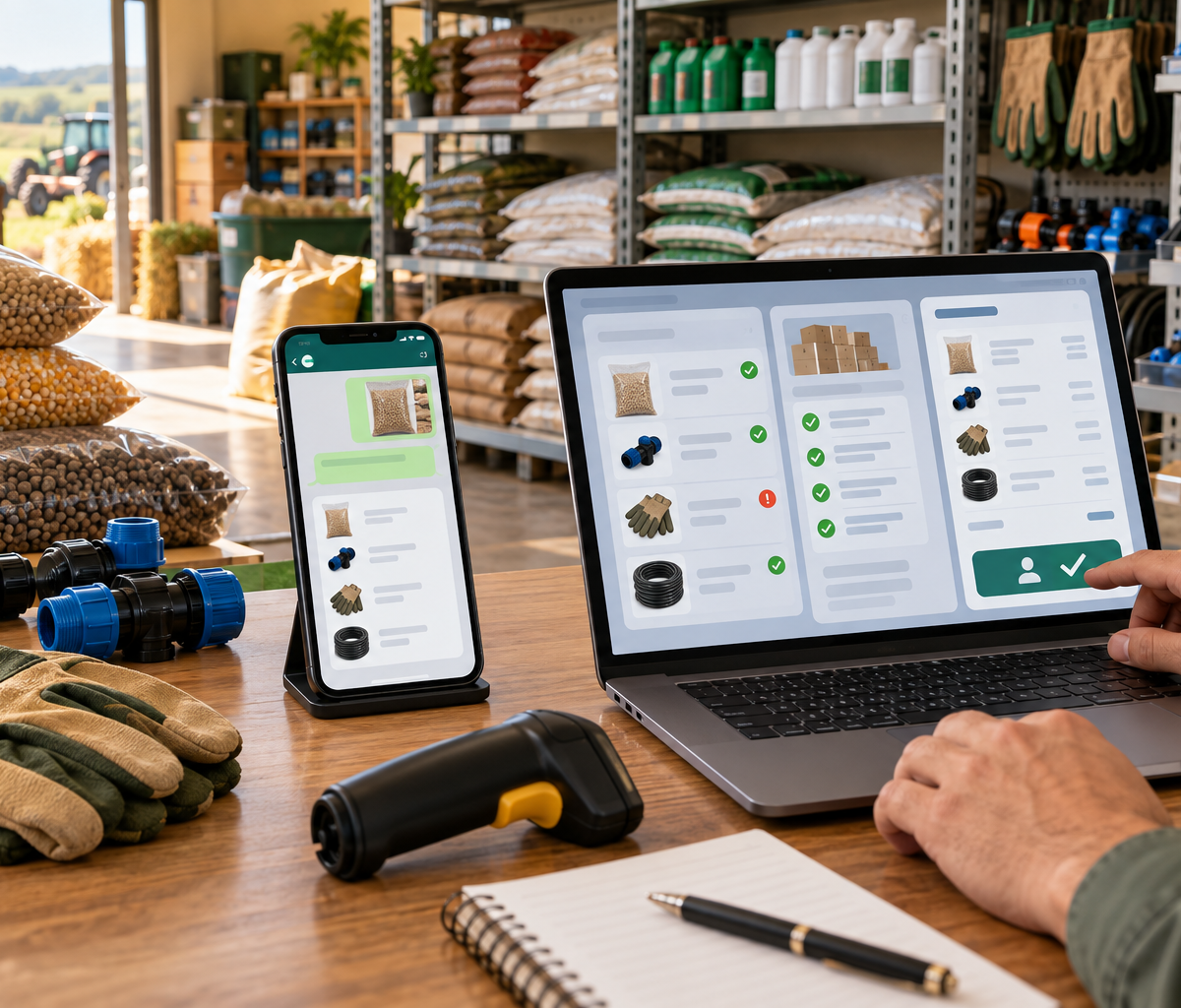 Balcão de loja agropecuária com celular, notebook, leitor de código e uma pessoa conferindo itens de um orçamento digital