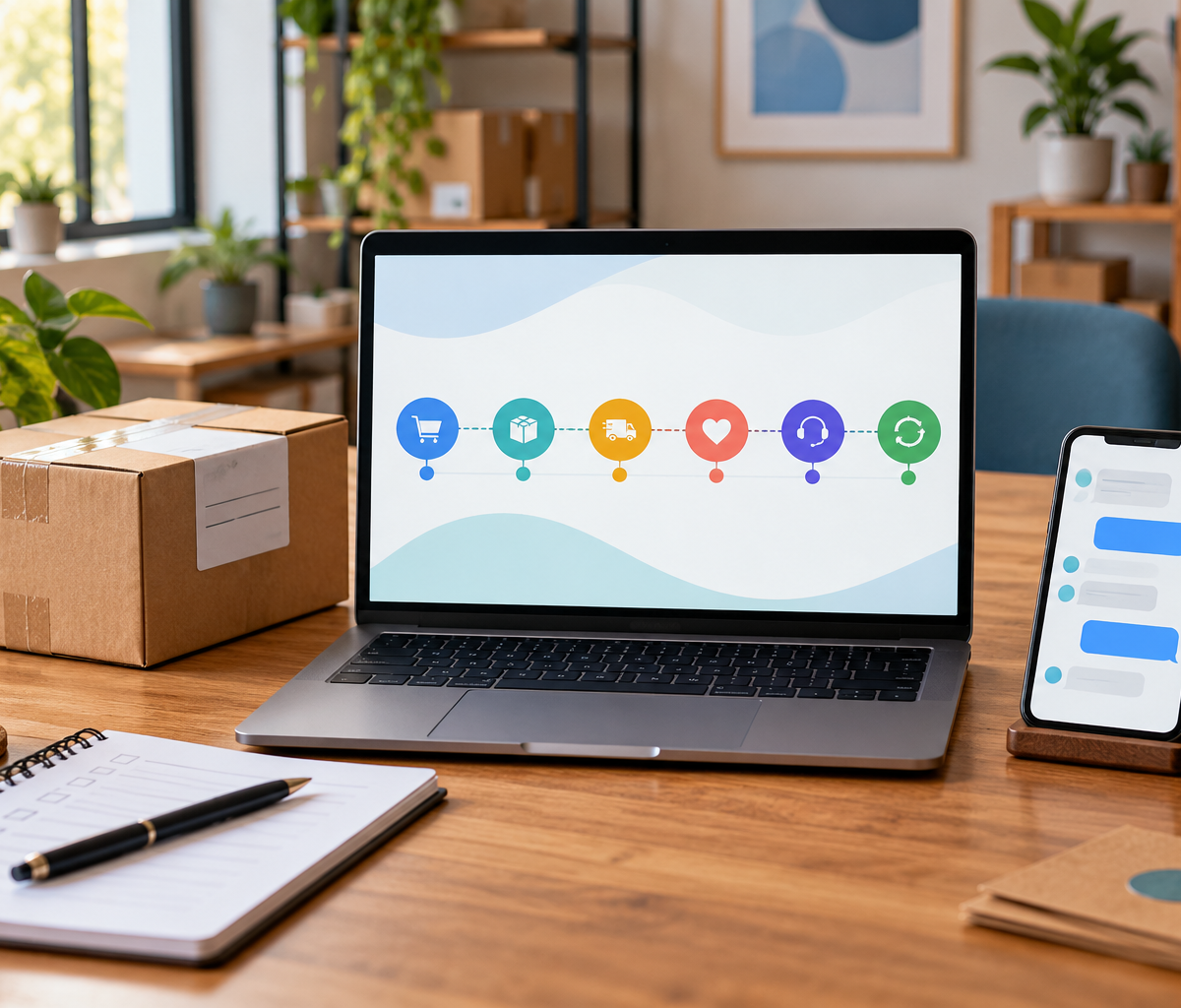 Mesa de trabalho com caixa, notebook exibindo etapas de uma jornada de cliente e celular com mensagens.