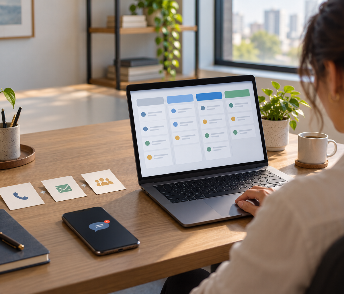 Profissional vista por trás observa um quadro visual de propostas no notebook, ao lado de três cartões que representam etapas de contato