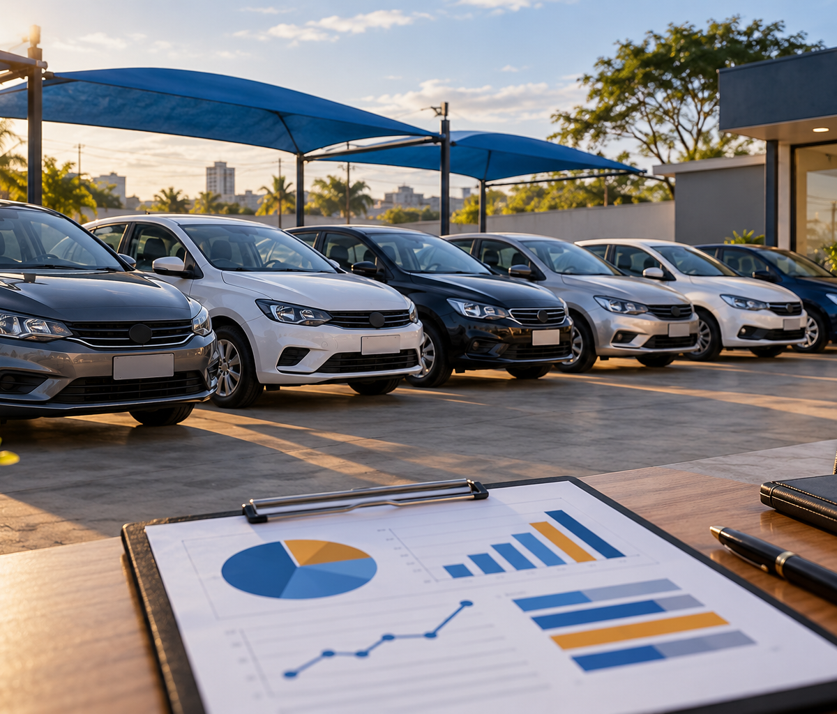Seis carros usados alinhados em uma revenda, com prancheta de gráficos sobre uma mesa em primeiro plano