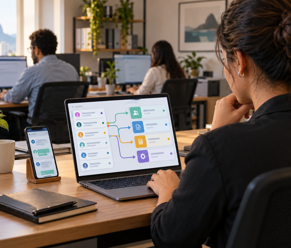 Profissional observa no notebook um painel visual que encaminha mensagens para diferentes equipes em um escritório