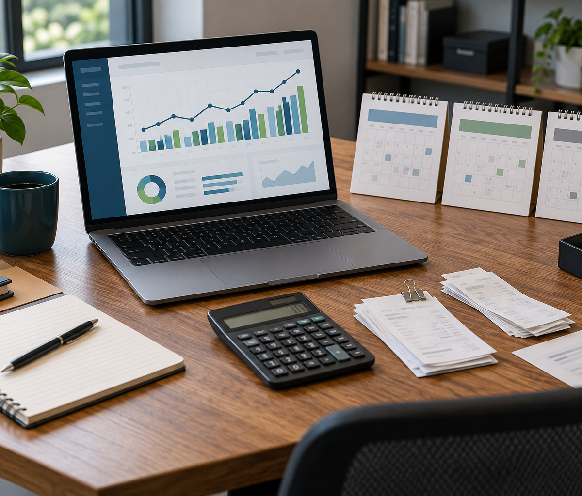 Notebook com gráficos financeiros ao lado de três calendários, calculadora e documentos organizados sobre mesa