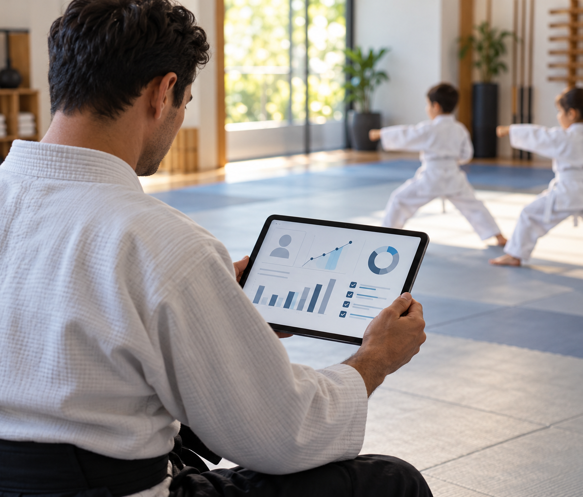 Instrutor de artes marciais analisa gráficos em um tablet enquanto duas crianças treinam ao fundo do dojô.