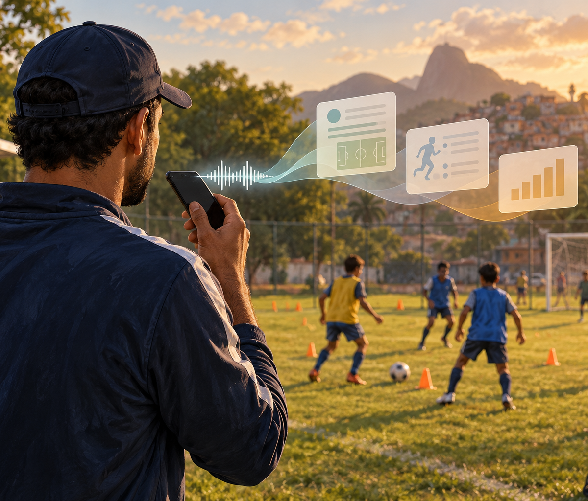 Treinador registra um áudio no celular enquanto crianças praticam passes em um campo de futebol ao entardecer.