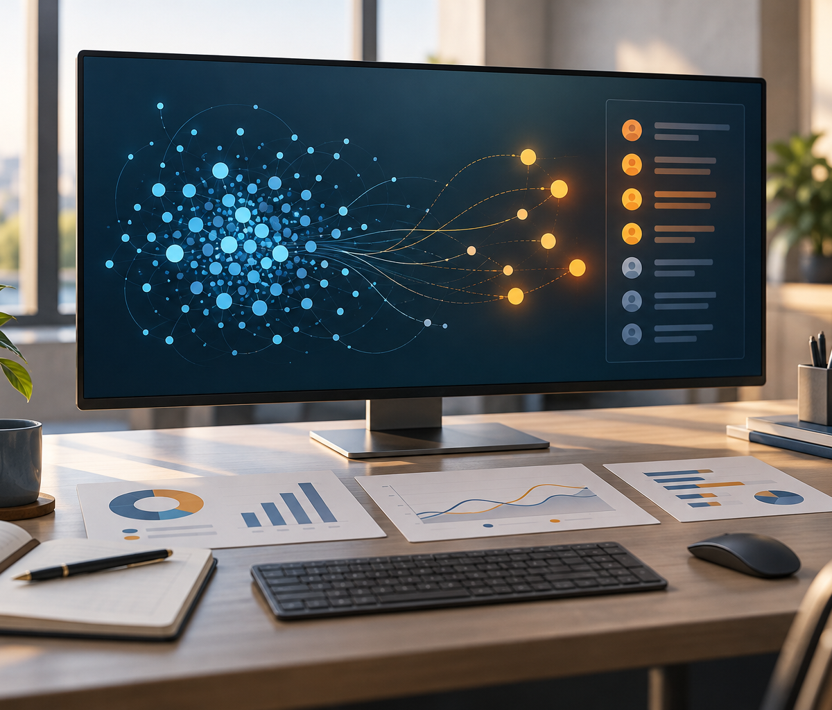 Monitor sobre uma mesa exibe uma rede azul de clientes e pontos âmbar separados em uma lista de atenção.
