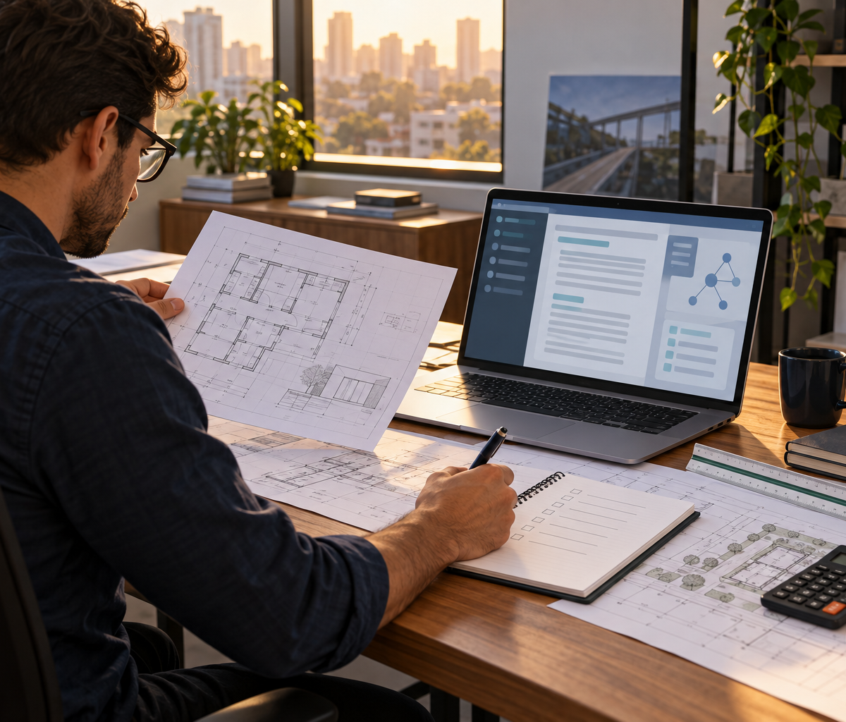 Engenheiro compara uma planta impressa com uma proposta organizada no notebook e marca itens em um checklist