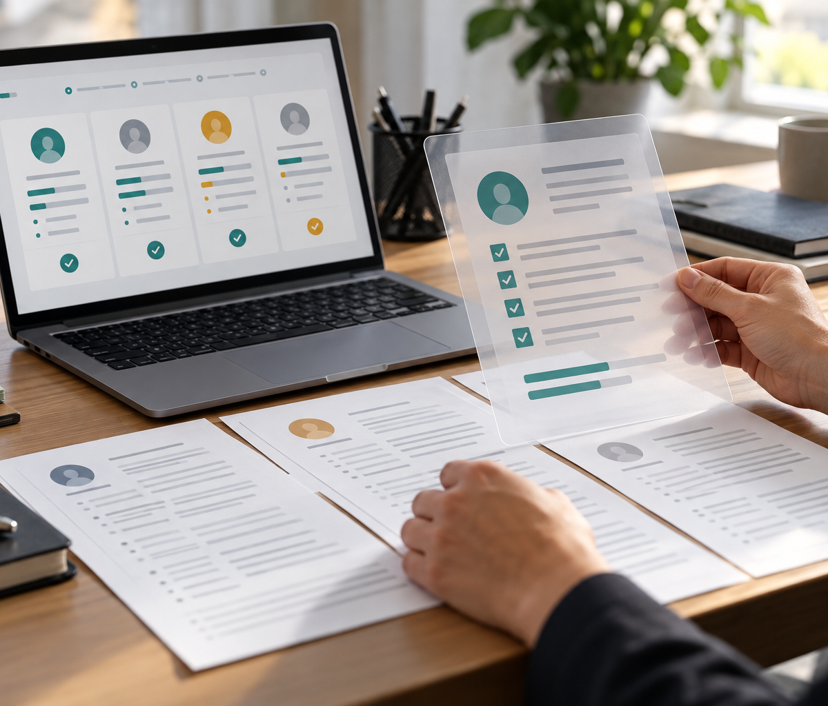 Mesa de trabalho com currículos anonimizados, notebook exibindo cartões de candidatos e mãos conferindo uma ficha transparente