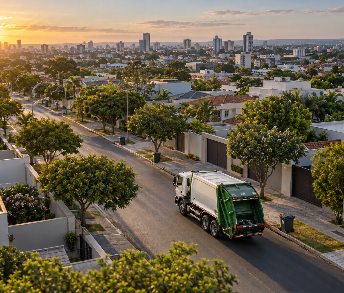 Caminhão compactador percorre rua arborizada de um bairro urbano ao amanhecer, visto de um ponto elevado.